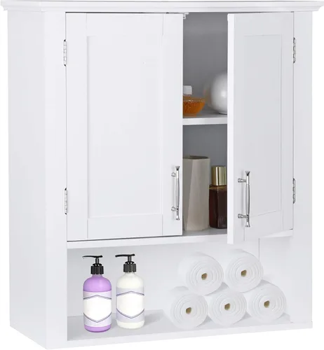 Vista 9 de ZenStyle Armario de pared de baño sobre el inodoro, botiquín blanco con 2 puertas y estantes interiores ajustables, para baño, sala de estar