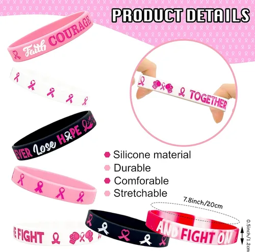 Vista 2 de 60 accesorios de concientización sobre el cáncer de mama, incluyen 30 pulseras de silicona de cinta rosa y 30 botones de solapa de cinta rosa