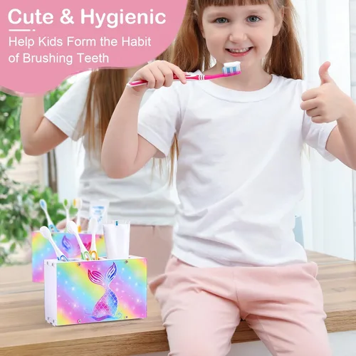 Vista 3 de Soporte para cepillos de dientes para niños para baño, organizador de accesorios, 3 ranuras para cepillos de dientes y pasta de dientes, soporte
