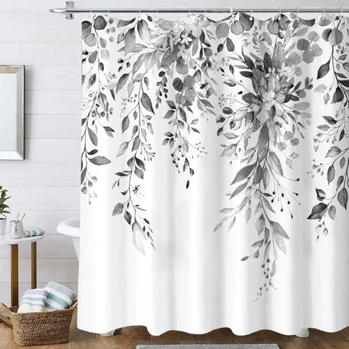 Vista 2 de Cortina de ducha extra larga de eucalipto gris y blanco de 84 pulgadas, cortinas de ducha de hojas florales grises para baño, cortina de baño
