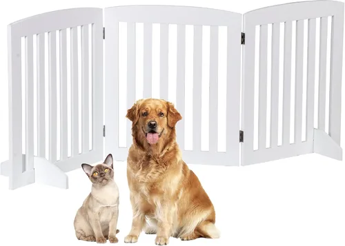 Vista 9 de Puerta para perros para mascotas, para interiores, para escaleras, puertas, 82 x 24 pulgadas, 4 paneles, valla para perros, extra ancha, de madera