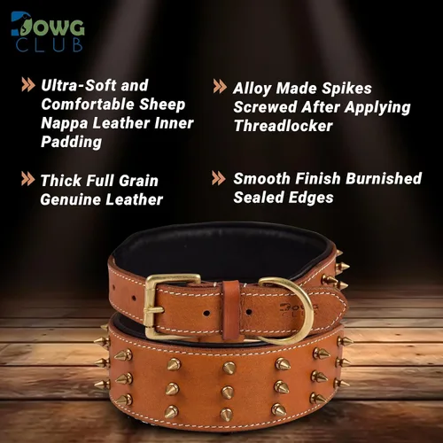 Vista 2 de Collar de perro de cuero con pinchos, cuero bridle de grano completo de 2 pulgadas de ancho, resistente, acolchado y ajustable, para razas grandes