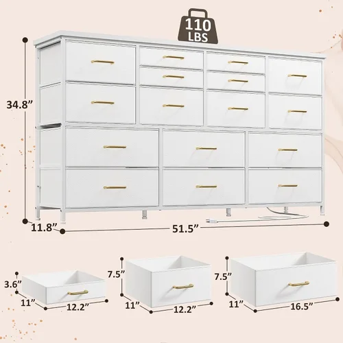 Vista 2 de EnHomee Cómoda para dormitorio con 16 cajones, soporte de TV para dormitorio para TV de 60", cómodas largas y cajoneras, cómoda grande con estación