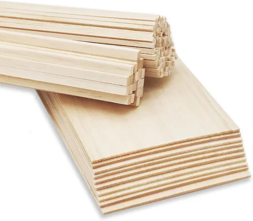 Kit de manualidades de madera de balsa prémium Barsha Space - 10 hojas sin acabar (10x15cm, 12.7mm) + 140 palos (3mm & 6mm) - Ideal para modelos