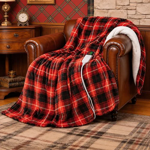 Manta eléctrica térmica tamaño King, manta roja de Navidad Sherpa a Gris