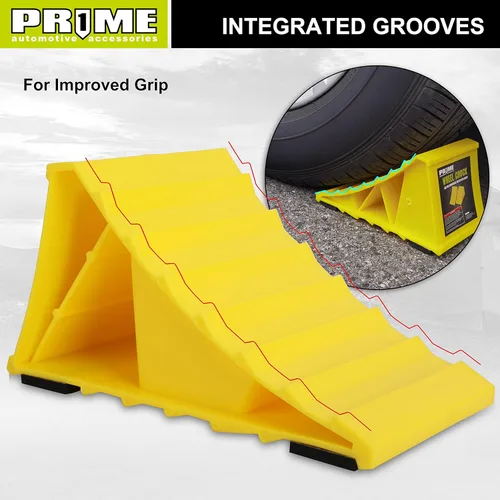 Vista 5 de PR1ME - Cuñas de rueda con base antideslizante para RV y remolque. Paquete de 2 calcetas de ruedas resistentes con amarillo brillante. Tapones