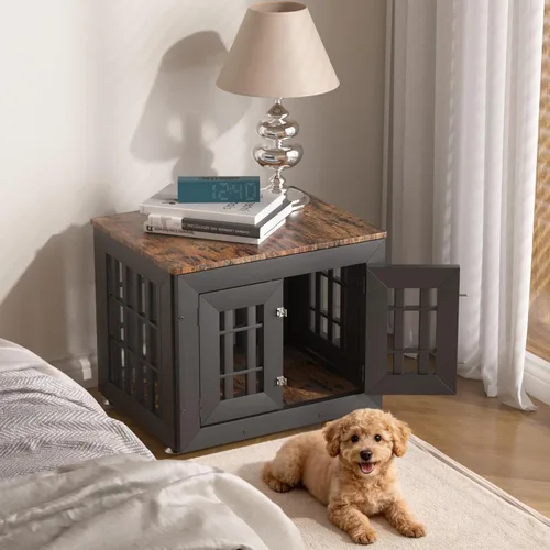 Vista 7 de Snuowu Mueble de jaula de perro resistente de 26 pulgadas para perros pequeños, medianos y grandes, jaula de madera rústica para perros, muebles