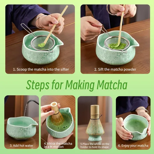 Vista 5 de TEANAGOO Juego de batidor de matcha, juego de 7 piezas de matcha azul y verde, kit de ceremonia, juego de té matcha para hacer café con leche