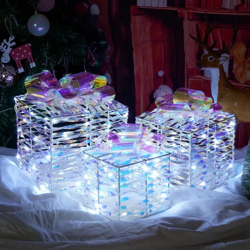 Vista 11 de Juego de 3 cajas de regalo iluminadas de Navidad, cajas de regalo de Navidad a pilas, LED blanco cálido con lazos para árbol de Navidad