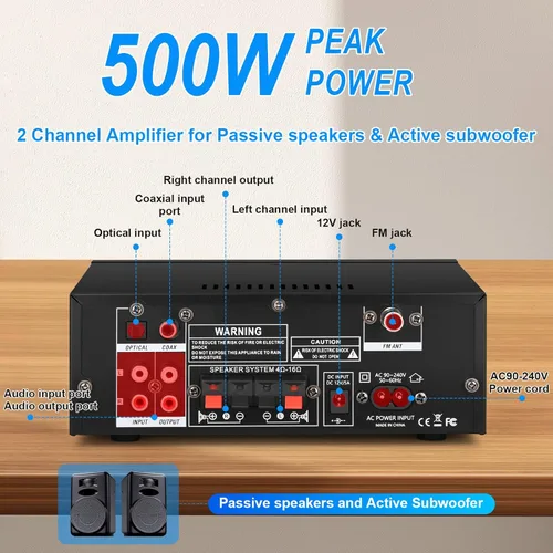Vista 3 de Romica AK55 Amplificador de audio estéreo, 2 canales 500 W Bluetooth 5.0 amplificador de potencia de cine en casa con FM, Echo, AUX, USB, SD, MIC