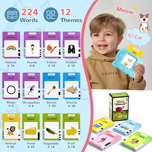 Vista 3 de Tarjetas didácticas parlantes para niños pequeños, juguetes Montessori de aprendizaje con 224 palabras visuales, discurso de bolsillo para niños