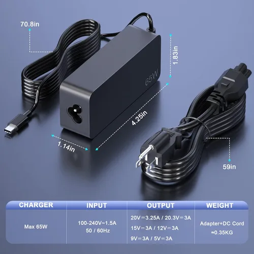 Vista 5 de Lenovo Laptop Charger, 65W 45W AC Adapter USB C Power Supply Computer Charger Power Cord for Lenovo Ideapad Thinkpad,MacBook
