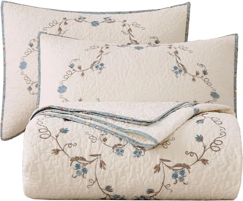 Vista 10 de vctops - Juego de colcha de 3 piezas, elegante, con bordado floral, de tamaño individual, 100% algodón, reversible y de retazos, 1 colcha y 2 fundas