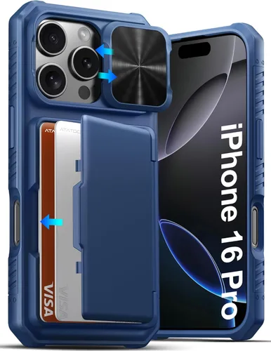 Vista 89 de ATATOO Funda para iPhone 16, tarjetero integrado (almacena 3-5 tarjetas) y protector de cámara deslizante, protección de grado militar, bonita funda