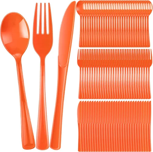 Vista 8 de Juego de cubiertos de plástico de 300 piezas, juego de cubiertos de plástico resistente, incluye 100 cucharas desechables, 100 tenedores, cuchillos