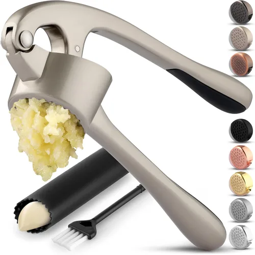 Vista 17 de Zulay Kitchen - Prensa de ajo prémium con mango suave y fácil de apretar, con pelador de ajo de silicona y cepillo de limpieza, de 3 piezas