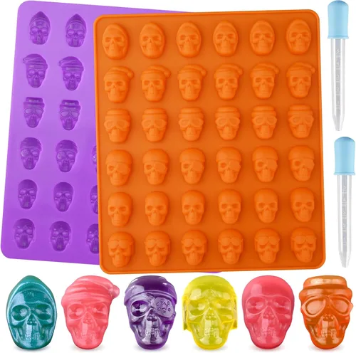 Vista 7 de HUAKENER Moldes de calavera de goma, paquete de 2 moldes de caramelo de calavera con 2 goteros, moldes de silicona de Halloween para chocolate