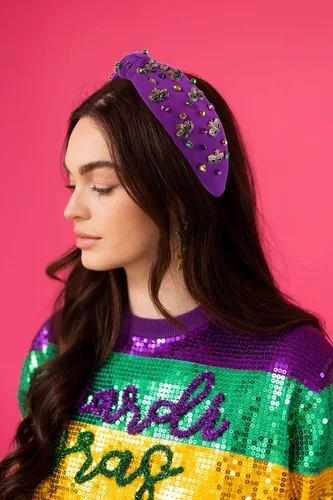 Vista 2 de MOLOCH Diadema de Mardi Gras, accesorios para el cabello de carnaval para mujer, máscara con purpurina, diadema anudada, morado, verde, dorado