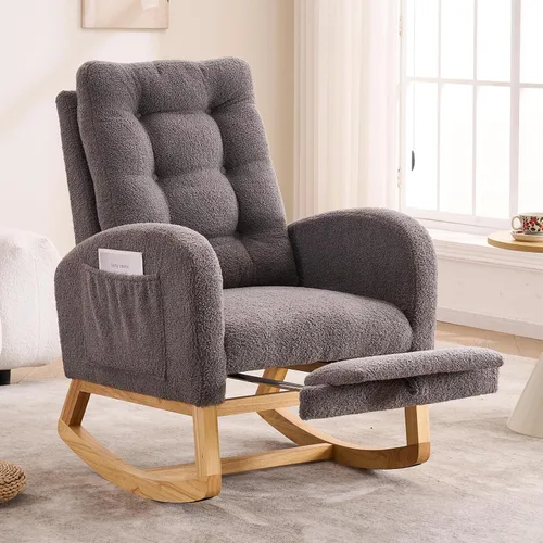 Vista 13 de Mecedora con reposapiés para cuarto de bebé, silla mecedora tapizada de peluche con bolsillo lateral, patas de madera maciza, respaldo alto Caramelo