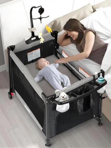 BIUSIKAN Moisés para bebé, corral de juegos con moisés, cuna colecho con cambiador de pañales, mosquitera, caja de música, cuna portátil con