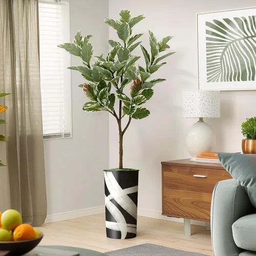 Vista 7 de Árbol artificial en macetero con patrón geométrico, palmera tropical areca artificial de seda para decoración del hogar en interiores y exteriores