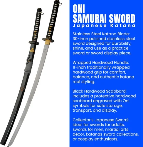 Vista 2 de SZCO Espada Oni Samurai de 41 pulgadas, Katana japonesa de acero inoxidable con vaina de madera dura negra y mango envuelto, espada katana