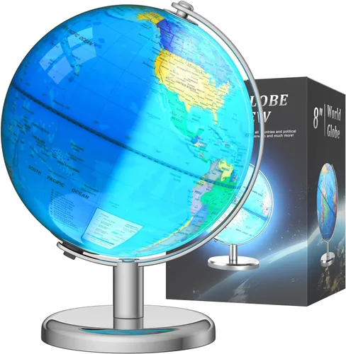 Globo del mundo iluminado para niños: lámpara de globo de 8 pulgadas con mapa del mundo para niños, base estable de metal pesado, regalo interactivo