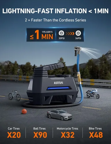 Vista 2 de AstroAI - Inflador de neumáticos - Compresor de aire portátil para neumáticos - Bomba automática de 12 V CC con manómetro digital, 100 PSI, con luz