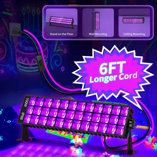 Vista 6 de Barra de luz negra de 100 W IP66 impermeable, luz negra LED con enchufe+interruptor+cable de 6 pies, luces negras para interiores y exteriores, luz