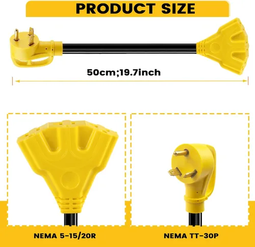 Vista 8 de Adaptador de 30 amperios a 20Amp 110V – Enchufe de distribución RV de 1.5 pies NEMA TT-30P macho a 3X 5-15/20R hembra RV cable adaptador