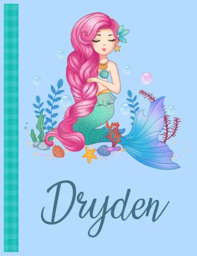 Dryden Personalized Mermaid Handwriting Notebook Blue Color With Blue Name Large Size 8.5'' x 11'' x 115 Pages White Paper Blank Journal Gifts for