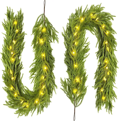 Vista 9 de Guirnalda de Navidad de 12 pies (2 * 6 pies) con luces LED - Guirnalda artificial de pino de Norfolk, flexible y preiluminada, decoración festiva