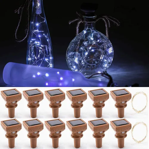 Vista 10 de YJFWAL Paquete de 12 luces solares mejoradas para botellas de vino, 20 luces LED impermeables de cobre, luces de cadena de corcho para decoración