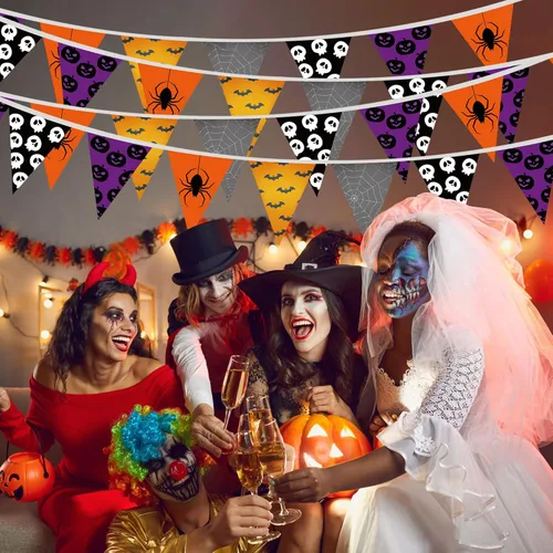 Vista 5 de Lucleag Pancartas de Halloween de 32.8 pies, bandera triangular, banderines de tela de Halloween para decoración de fiesta de Halloween