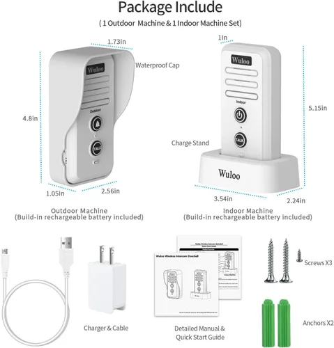 Vista 7 de Wuloo Timbre de puerta de intercomunicador inalámbrico para intercomunicador doméstico (1 y 1 blanco)