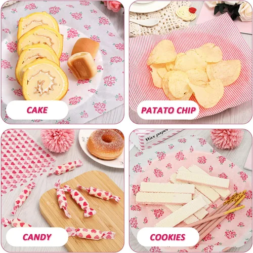 Vista 3 de Whaline 150 hojas de papel de cera para el día de San Valentín, diseño de corazón rosa a rayas rosadas, papel de picnic a prueba de grasa