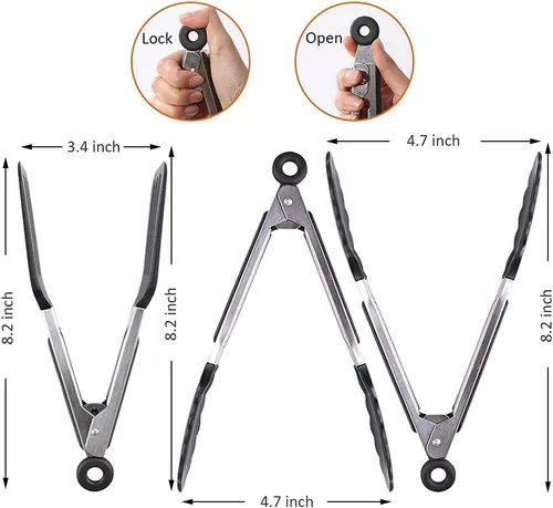 Vista 2 de Juego de 3 pinzas de silicona para servir, pequeñas pinzas de cocina (7 pulgadas) con puntas de silicona y mango de acero inoxidable, pinzas