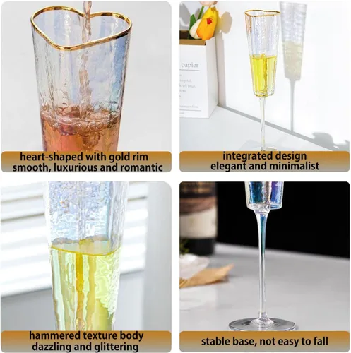 Vista 6 de XDONEF Juego de 2 copas de champán en forma de corazón, copas únicas para brindis de boda para novia y novio, cristal con borde dorado, regalo