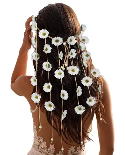 CHLINS Diadema hippie con corona de flores, diadema bohemia de girasol, tocado de flores, disfraz hippie de los años 60 y 70 para mujer (blanco)