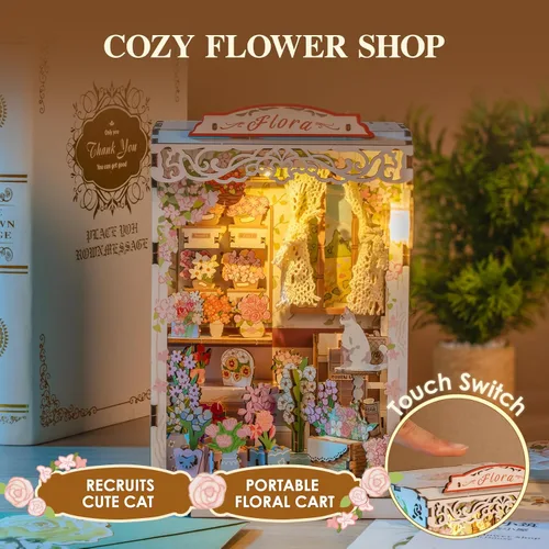 Vista 3 de MOMIBOOK Kit de rincón de libro, 153 piezas, kit de casa de muñecas en miniatura para adultos, rompecabezas de madera 3D, decoración de estantería