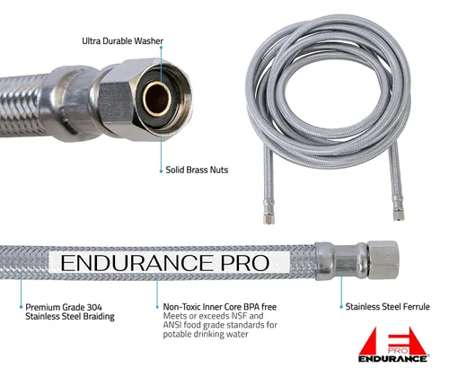 Vista 2 de Endurance Pro 1.5 m conector de manguera de suministro de agua flexible trenzado de acero inoxidable universal para máquina de hielo, 0.64 cm x 0.64