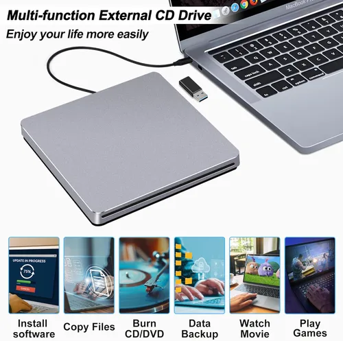 Vista 6 de NOLYTH Unidad de CD externa para Mac: USB C reproductor de grabadora de DVD SuperDrive para portátil Windows Apple Plug & Play Copia de seguridad