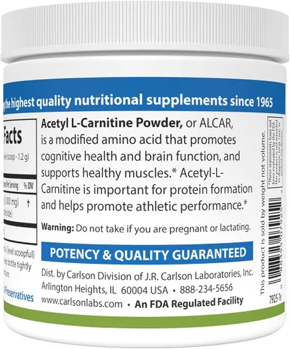 Vista 3 de Carlson - Polvo de acetil L-carnitina, aminoácidos de forma libre, salud cognitiva, función cerebral y soporte muscular, 3.53 oz (100 g)