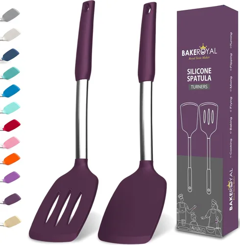 Vista 14 de Juego de espátulas de silicona BakeRoyal - Espátulas para volteador de silicona resistentes al calor 600°F - Espátula ranurada y sólida para cocinar