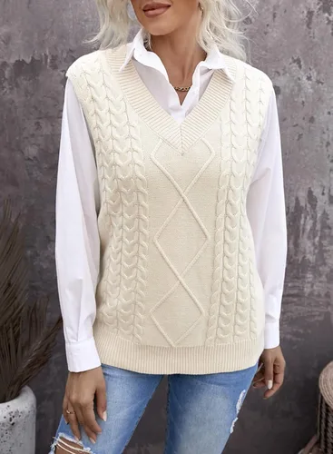 Vista 2 de EVALESS - Chaleco de gran tamaño para mujer, cuello en V, sin mangas, color sólido, suéter suelto