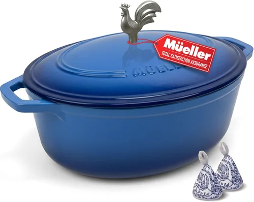Vista 16 de MUELLER HOME Horno Holandés de Hierro Fundido Esmaltado de 4.5 QT, Cacerola de Servicio Pesado y Sartén Braseadora con Tapa y Perilla de Acero