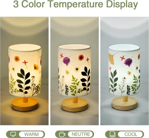 Vista 4 de Lámpara de mesa con flores prensadas, 5 W, LED, 3 temperaturas, flores secas, lámpara de noche, pantalla de lino con base de madera