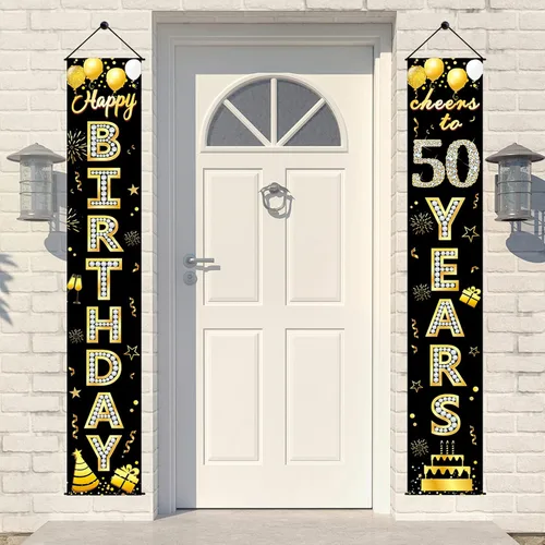 Decoración para puerta de cumpleaños 50 para hombres y mujeres, color dorado negro Cheers to 50 years Birthday Door Cover Party Supplies, Happy