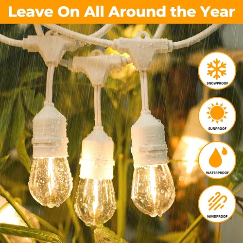 Vista 2 de Cadena de luces para exteriores de 96 pies (48 x 2), luz de patio de alambre blanco resistente de grado comercial con bombillas LED S14