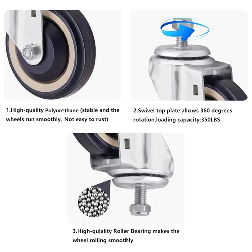 Vista 3 de SY America Paquete de 4 ruedas de poliuretano escalonadas y completas de 4 pulgadas, con rodamiento de bolas doble, rueda giratoria con tornillos